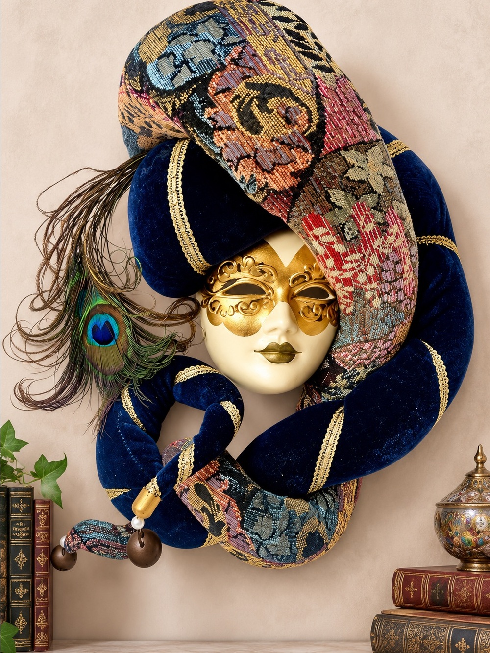 Vintage Venetian Carnival Mask Handmade Italy Ceramic Jester Peacock Bells